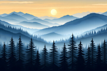 Wall Mural - Serene Sunset, Misty Mountains and Evergreen Forest Panorama