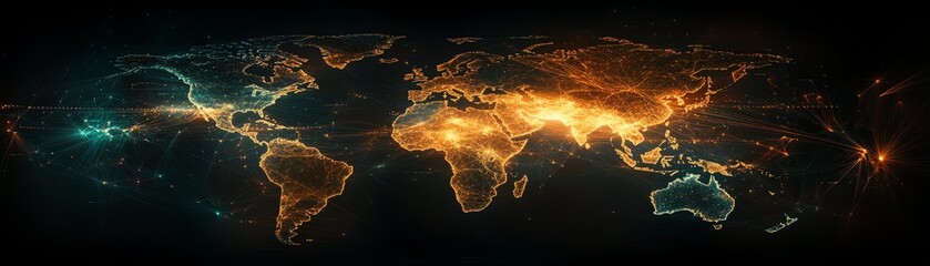 Poster - Glowing digital world map with vibrant lines of communication, illustrating the growth of global technology and connectivity, ultraHD finish