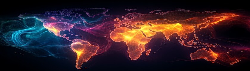 Poster - Glowing digital world map with vibrant lines of communication, illustrating the growth of global technology and connectivity, ultraHD finish