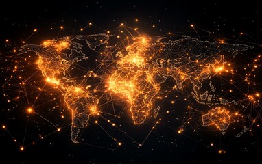 Poster - Highdefinition digital world map with glowing connections and technological symbols, visualizing global communication and progress, 8K realism