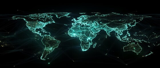 Poster - Hightech world map with glowing digital lines representing global connections, symbolizing technological progress and communication, photorealistic