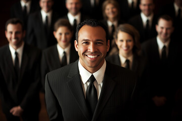 Poster - group of people in suits and ties are smiling and posing for a photo. Scene is happy and professional