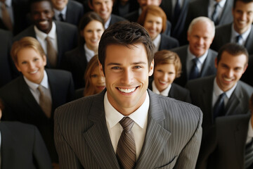 Poster - group of people in suits and ties are smiling and posing for a photo. Scene is happy and professional