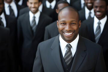 Poster - group of men in suits and ties are smiling for the camera. Concept of professionalism and camaraderie among the group