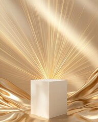 Poster - Golden light beams radiating from white cube studio setting abstract art luxurious environment close-up view