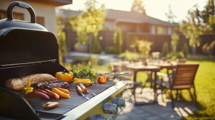 Aufkleber - A pristine outdoor barbecue setup with grilling tools and ingredients neatly placed, A sunlit backyard with a clean grill and organized seating, Minimalist culinary style