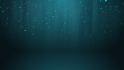 Poster - Blue glowing circles particles falling in the air and light rays at the top middle of a cyc wall background, horizontal composition. Event and banner background.