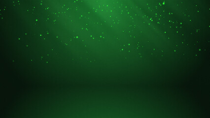 Poster - Green glowing circles particles falling in the air and light rays at the top left of a cyc wall background, horizontal composition. Event and banner background.