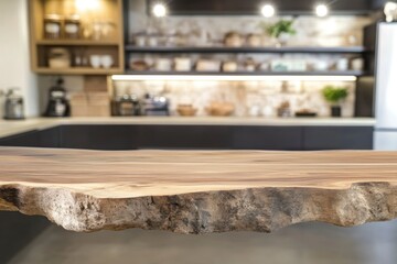 Wall Mural - Wood table on blur kitchen room background. For montage product display or design key visual layout. 