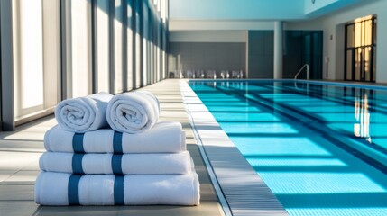 Poster - A pristine swimming pool with neatly stacked towels and swim gear arranged, A bright outdoor pool with clear blue water and clean lines, Minimalist leisure style