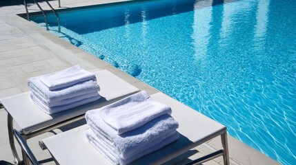 Poster - A pristine swimming pool with neatly stacked towels and swim gear arranged, A bright outdoor pool with clear blue water and clean lines, Minimalist leisure style