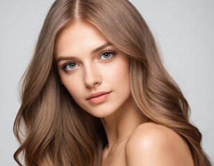 Portrait of a beautiful young woman with clean, fresh skin and long, thick hair. ai generator