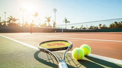 Poster - A pristine tennis court with rackets and balls neatly placed at the net, A sunlit court with perfectly maintained lines and a clear sky, Minimalist sports style