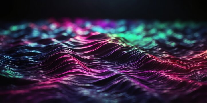 Grainy abstract background, dark noisy poster black backdrop pink blue glowing color wave banner design, copy space 