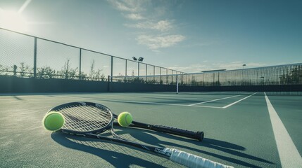Poster - A pristine tennis court with rackets and balls neatly placed at the net, A sunlit court with perfectly maintained lines and a clear sky, Minimalist sports style