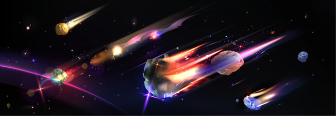 Wall Mural - flaming asteroid shower - meteors with glowing plasma and fire trails, crystalline space rocks with 