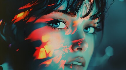 Poster - Dramatic portrait of a woman with colorful light reflections studio photography artistic close-up emotion