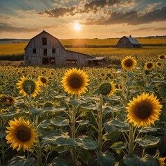 A summer farm with golden sunflowers, and animals sporting fur that mirrors the sun's warm glow.