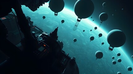 Wall Mural - A futuristic scene shows numerous hot air balloons floating above a planet's surface, bathed in a blue-green glow. A dark silhouette of an industrial structure is visible in the foreground