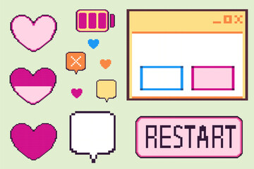 Fototapete - Pixel art game UI collection - hearts in different sizes, battery indicator, chat bubbles, interface frames and restart button. Vector set for retro gaming assets and 8-bit style interfaces.
