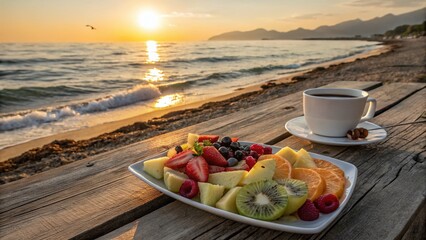 Wall Mural - Croatian Coastline Summer Breakfast: Fresh Fruit & Coffee at Dawn