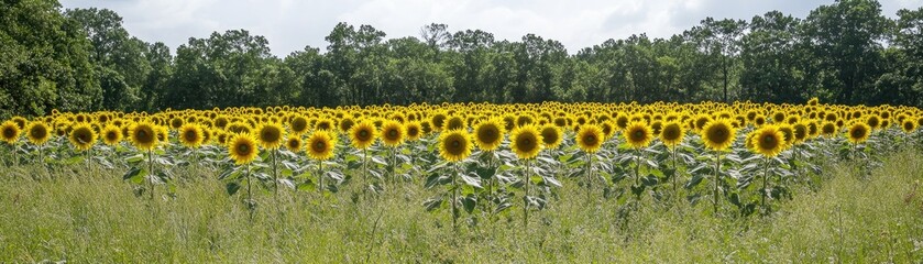 Wall Mural - A vibrant field of sunflowers stretches across the landscape under a bright sky.