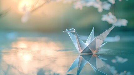 Wall Mural - a white origami crane on a glass table