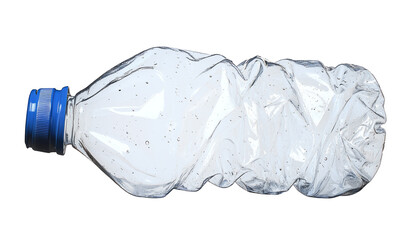 close up used transparent PET plastic water bottle on white background; sustainable environment concept.