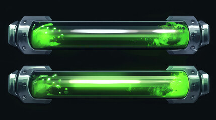 Game ui loading progress bars vector set, cartoon interface gui design elements. Status and resources scales of power with green toxic liquid in silver metal stripe, isolated 2d illustration