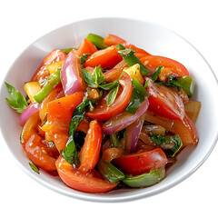 tomato stir-fry isolated on white background, full depth of field 