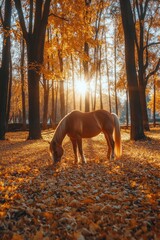 Wall Mural - A horse grazes in a sunlit autumn forest surrounded by vibrant orange leaves.