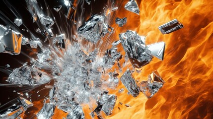 Sticker - A high-energy silver explosion frozen in time, with molten-like chrome fragments breaking apart in mid-air. 