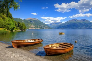 Naklejka na meble Two wooden rowboats on a pebble beach by a calm lake with mountains and blue sky.