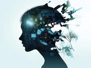 Poster - Exploring artificial intelligence integration industrial setting digital art cool tones creative perspective futuristic concept