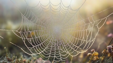 A tangled web labyrinth with water droplets sparkling on every silk strand, forming an intricate and chaotic design. 