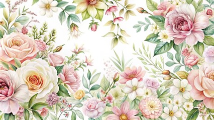 Wall Mural - Delicate, hand-painted floral pattern on white background with various types of flowers like roses, lilies and daisies in soft pastel colors, garden style, gentle hues