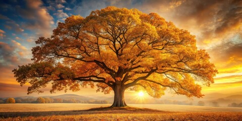 Wall Mural - A majestic oak tree stands tall against a backdrop of golden autumn hues, its branches adorned with a carpet of dry leaves that rustle softly in the breeze , fall, autumn