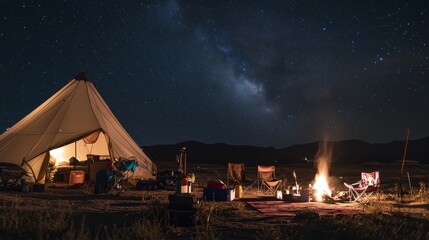 Poster - A rustic camping setup under a starry night sky, Camping equipment neatly arranged, Nighttime outdoor style