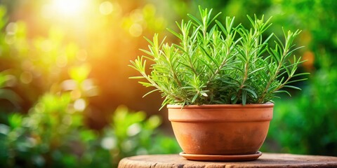 Wall Mural - Dense sprigs of fragrant rosemary foliage emerging from a terracotta planter in a lush herb garden with vibrant greenery and a sunny background , greenery, garden decor