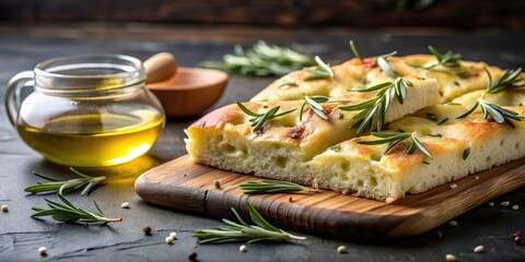 Wall Mural - Aromatic Olive Oil Drizzle over Rosemary Focaccia, appetizer, food styling,  appetizer, food styling, texture