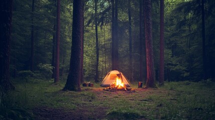 Aufkleber - A rustic camping site in a dense forest clearing, Camping essentials arranged near a campfire, Forest campfire style
