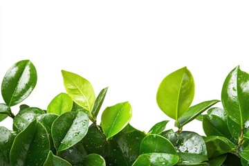 Wall Mural - Lush green leaves with water droplets isolated on white background.