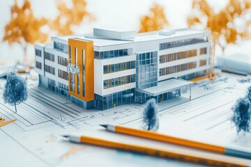 Poster - architectural plan drawing of a school building educational setting technical project bright colors 