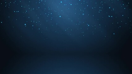 Poster - Blue glowing circles particles falling in the air and light rays at the top left of a cyc wall background, horizontal composition. Loop animation footage for graphic design.