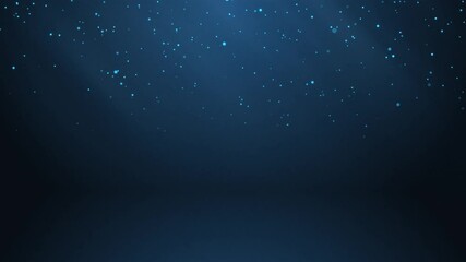 Poster - Blue glowing circles particles falling in the air and light rays at the top left of a cyc wall background, horizontal composition. Loop animation footage for graphic design.