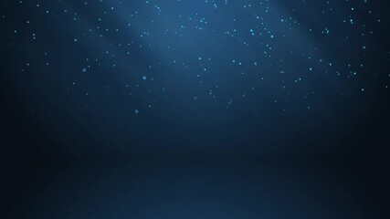 Poster - Blue glowing circles particles falling in the air and light rays at the top left of a cyc wall background, horizontal composition. Loop animation footage for graphic design.