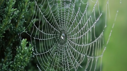 A close-up of raindrops on a cobweb, magnifying the intricate web pattern. 