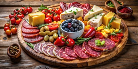 Wall Mural - Artisanal cured meats and cheeses arranged artfully on a wooden platter, surrounded by an assortment of colorful olives, sweet peppers, and fresh berries , cheese selection, meat and cheese