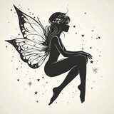 Silhouetted fairy with butterfly wings, sitting amidst stars.