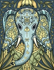 Wall Mural - Elephant head with tropical leaves, vertical illustration